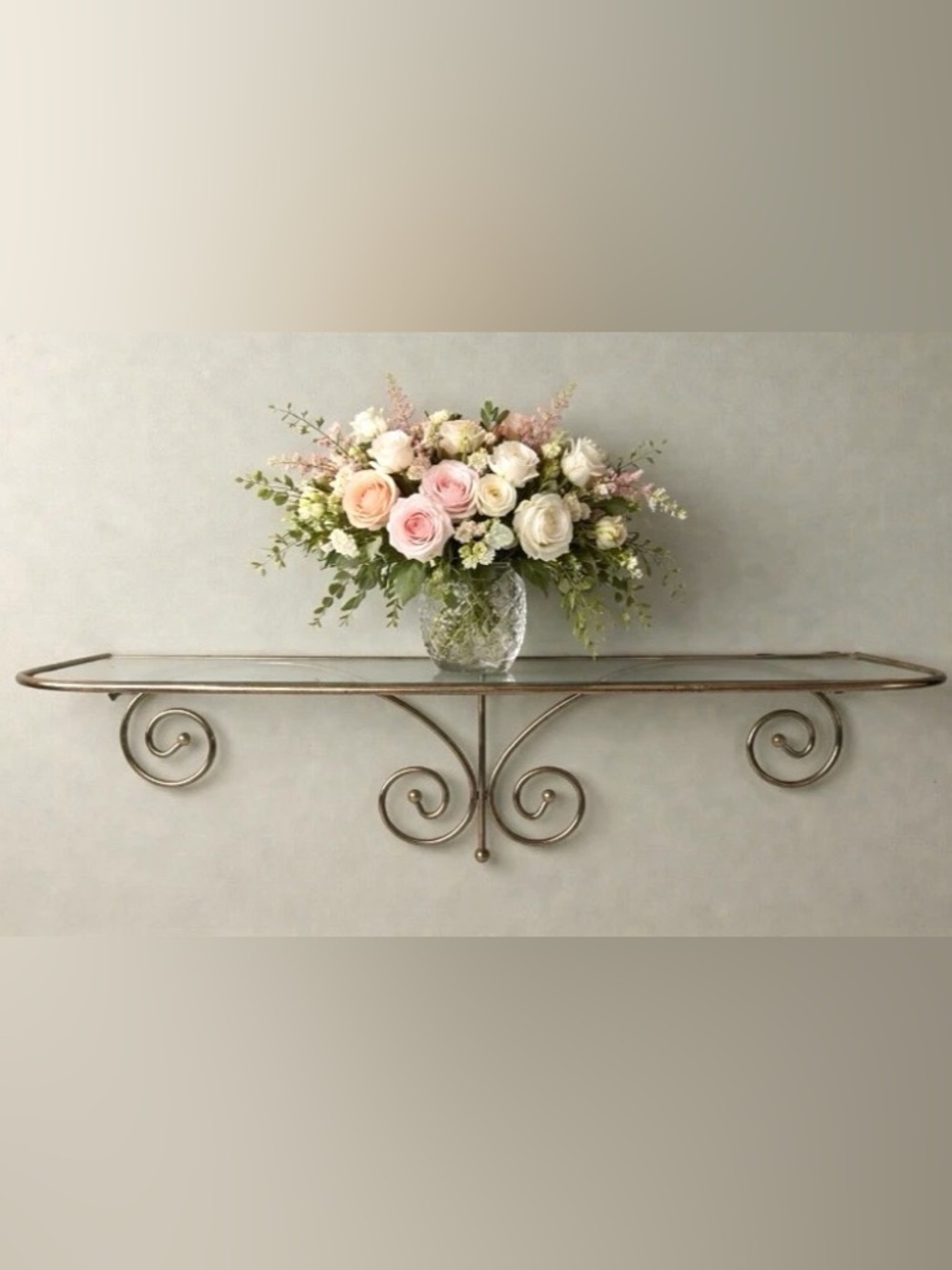 Home Interiors Wall Shelf MCM Brass Gold Scroll Glass Vanity Perfume Shelf Vtg